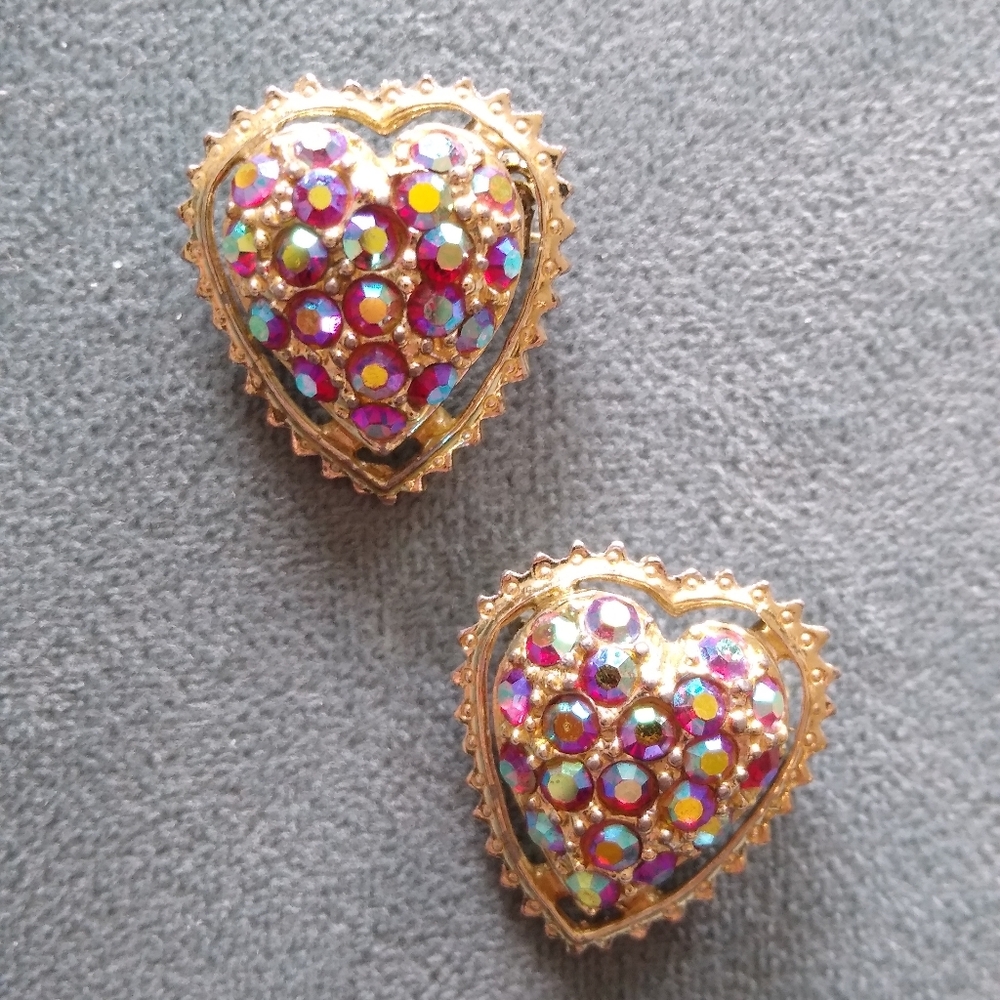 Vtg Rhinestone Heart Brooch Set